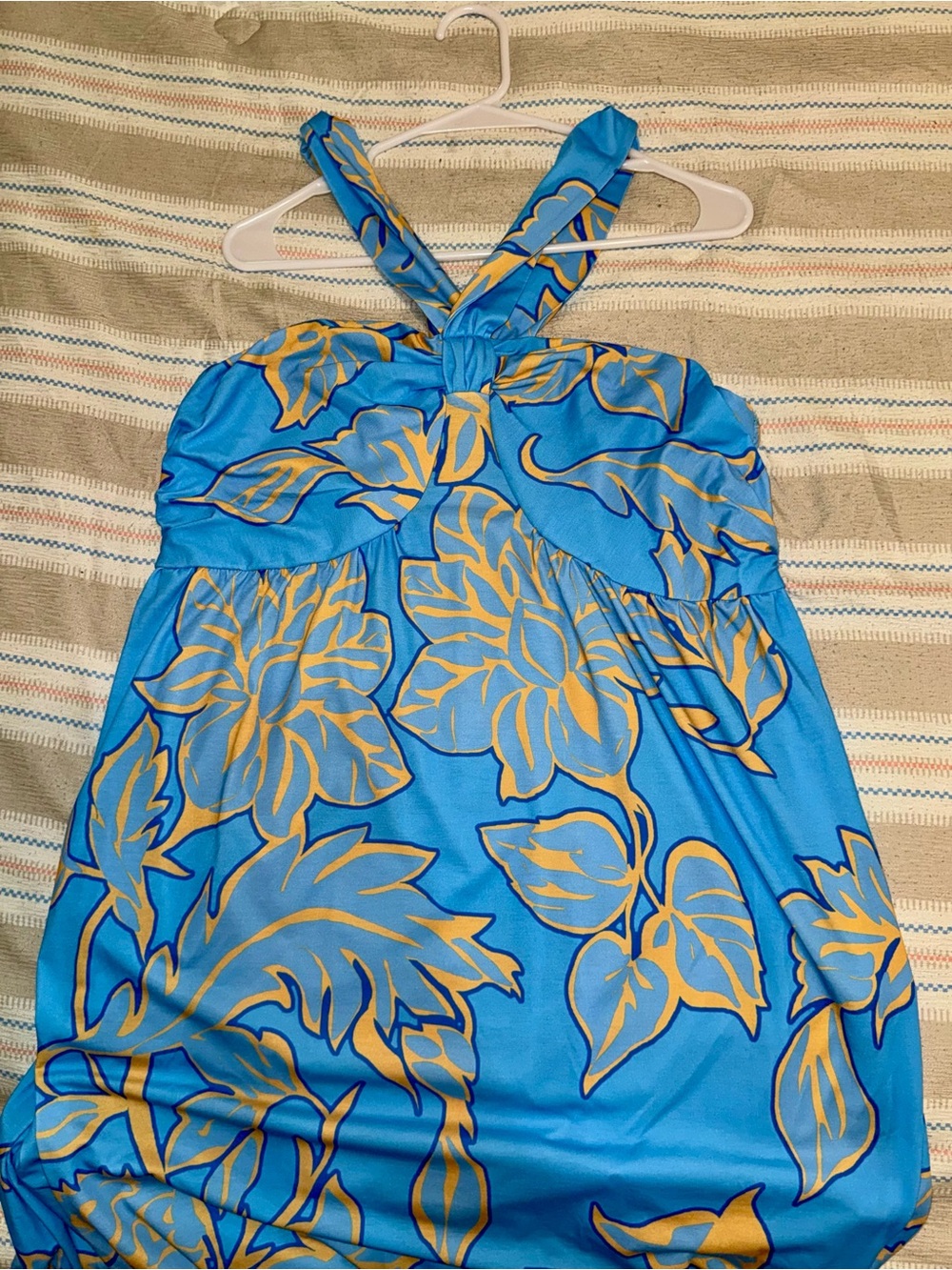 Blue Floral Halter Dress with Yellow Leaf Print
